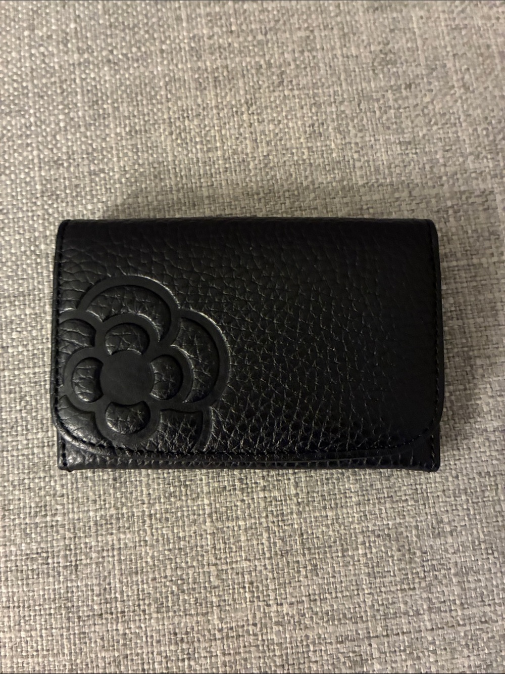 Black Pebble-Grain Leather Card Case with Floral Emboss